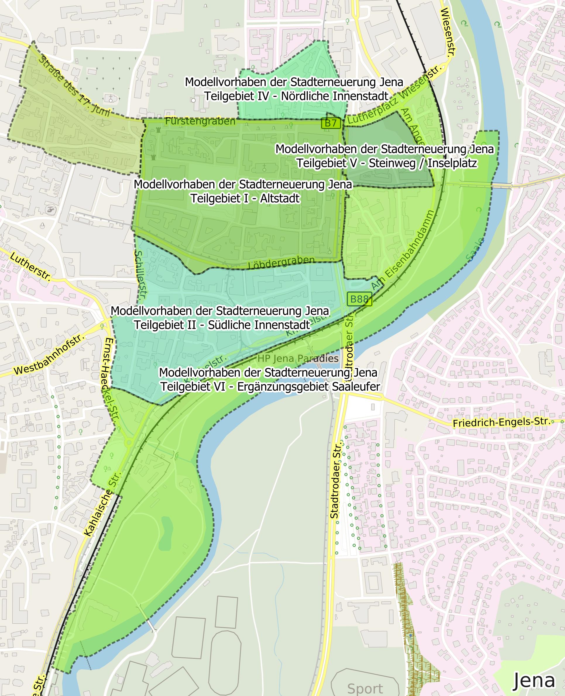 Karte des Sanierungsgebietes Modellvorhaben der Stadterneuerung Jena (Innenstadt)