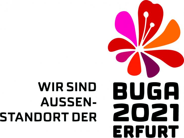 eine Blume und Schrift: Wir sind Aussenstandort der BUGA 2021 Erfurt