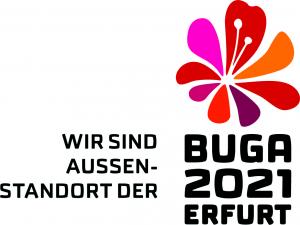 eine Blume und Schrift: Wir sind Aussenstandort der BUGA 2021 Erfurt
