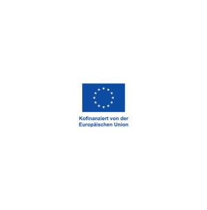 Eine rechteckige blaue Fläche mit weißen kreisförmig angeordneten Sternen auf weißem Grund, darunter in blau der Schriftzug: Gefördert von der Europäischen Union