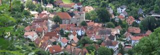 Blick auf den ländlichen Ortsteil Ziegenhain. Zu sehen ist eine Ortschaft mit dicht stehenden Häusern und roten Ziegeldächern. Der Ort ist umgeben von viel Grün (Wiesen, Bäumen und Sträuchern).