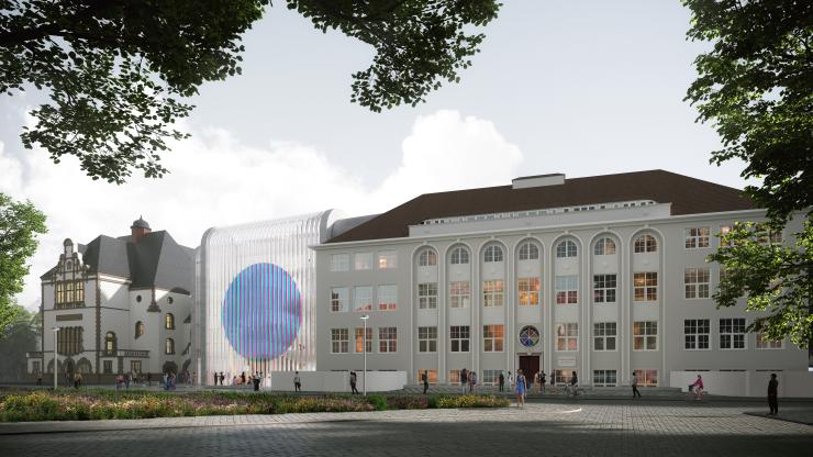 Darstellung des Bestandsgebäudes des Deutschen Optischen Museums in der Mitte und rechts im Bild, auf der linken Seite ist das Volkshaus zu sehen.