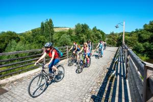 sanierte, historische Burgauer Fußgängerbrücke mit Radfahrern