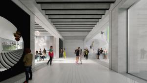 Auf diesem Bild sieht man im Innenraum des geplanten Gebäudes des Deutschen Optischen Museums links und im Hintergrund in der Mitte des Bildes mehrere Menschen, die sich Ausstellungsobjekte, z.B. ein optisches Objektiv, ansehen.