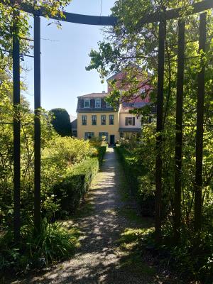 Blick aus dem Garten auf das Gartenhaus