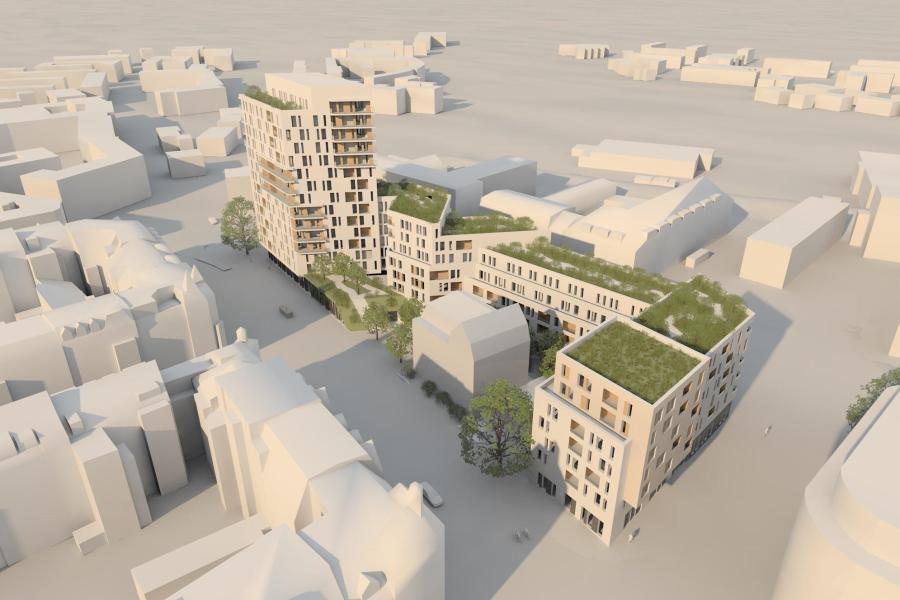 Ein virtuelles Modell eines Wohnquartier mit Hochhaus